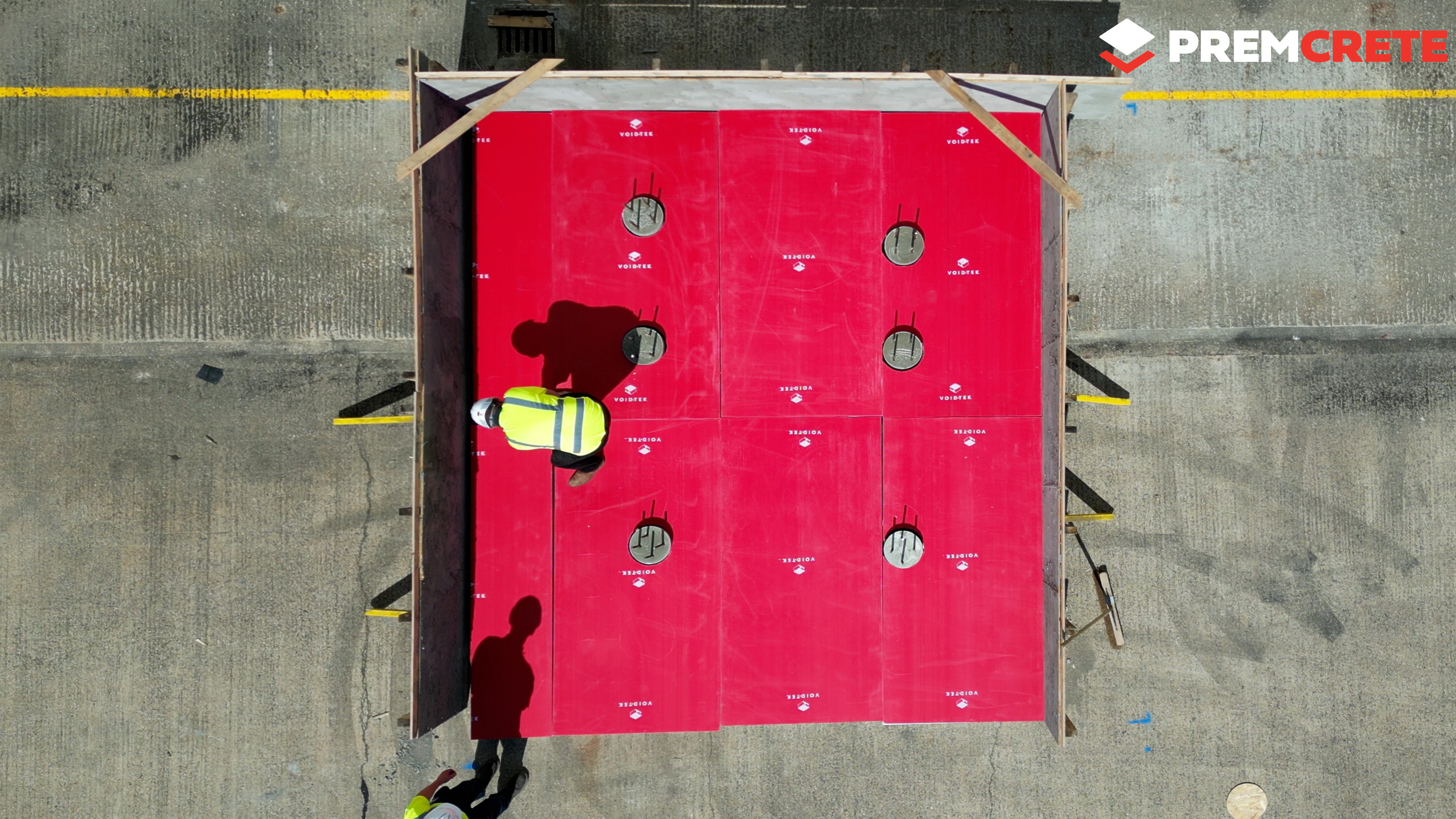 Top-down view of VOID-TEK ground heave protection system installed across a large slab area, illustrating efficient and scalable application on-site.